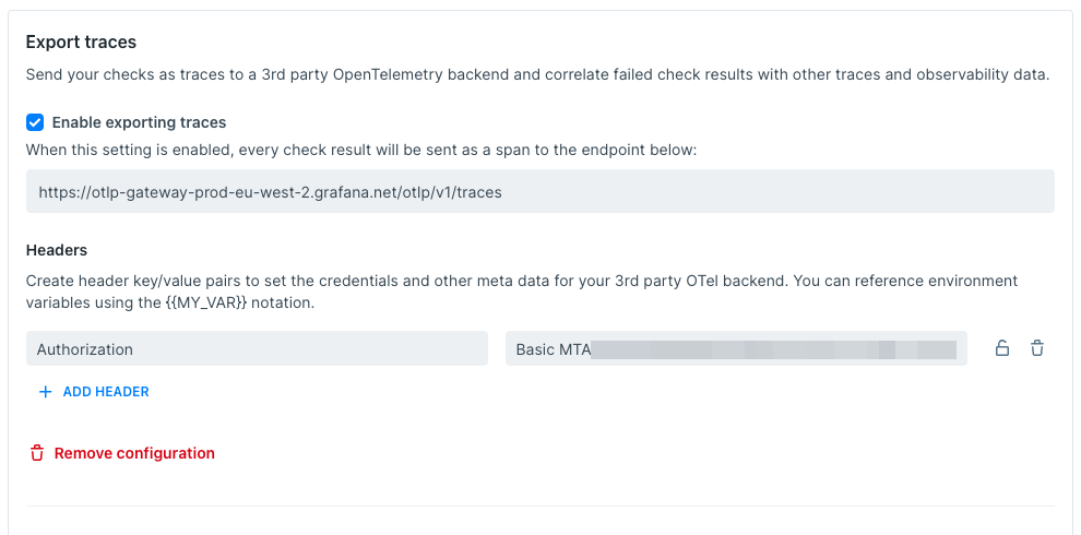 Export Traces configuration